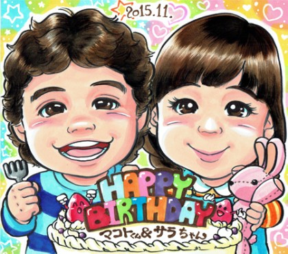 色紙サイズ、ケーキを大きく描いた誕生日似顔絵