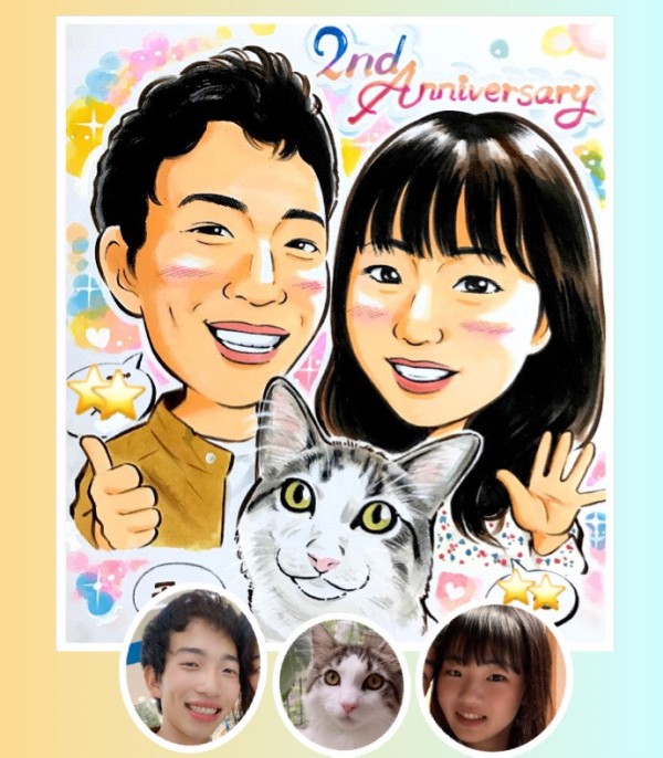 お客様のご感想#550、色紙サイズ、カップルの2年記念日似顔絵、猫と一緒