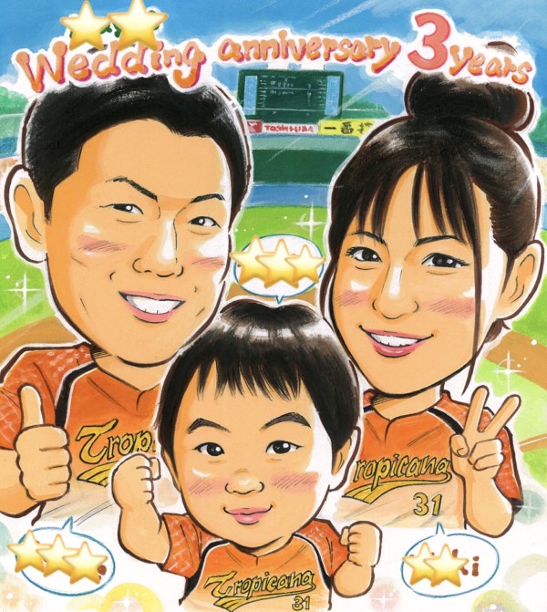 実例③色紙サイズ、野球好き家族の似顔絵