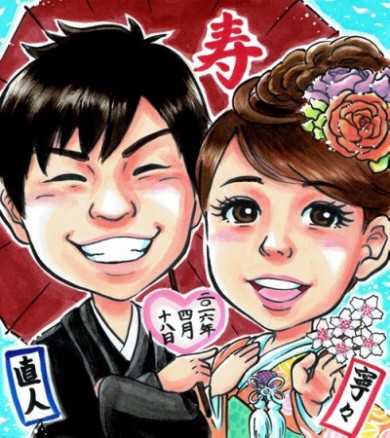 色紙サイズの和装ウェディング似顔絵